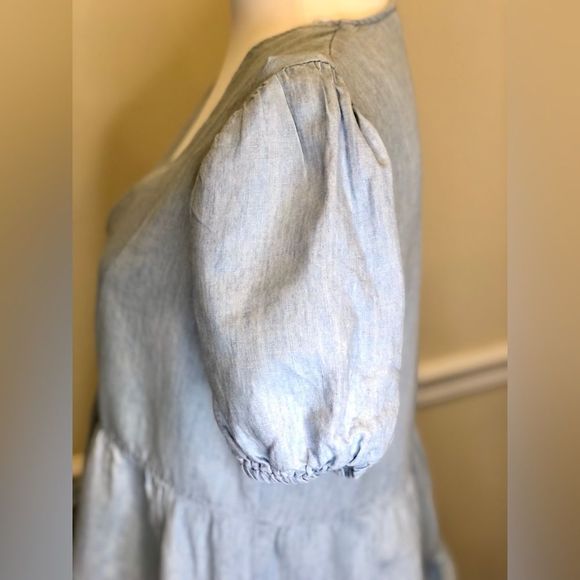 ZARA Blue V-Neck Short Puff Sleeve Babydoll Dress w Tiered Skirt Sz MD - Picture 5 of 16